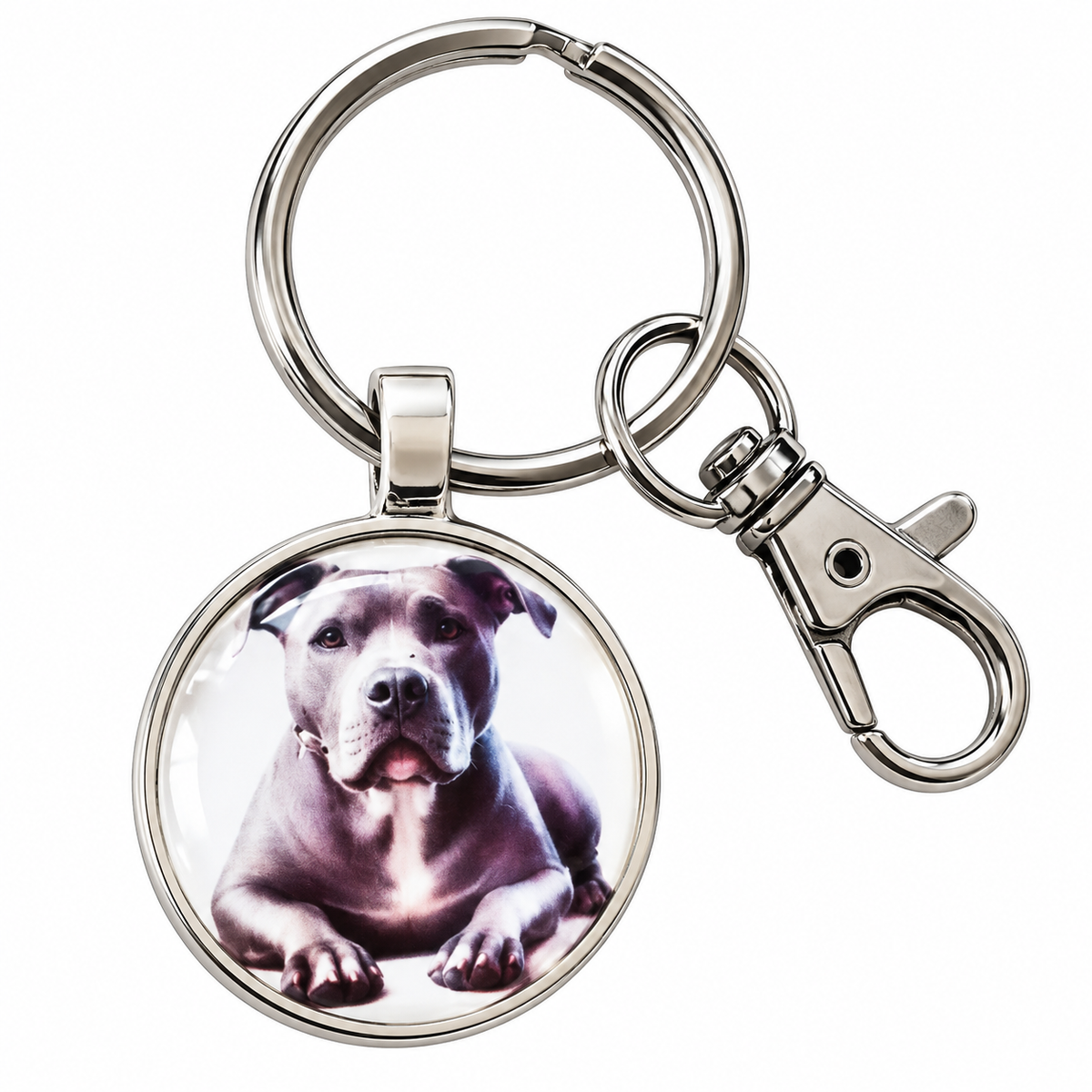 Silver-tone Staffordshire Terrier-style dog portrait keychain
