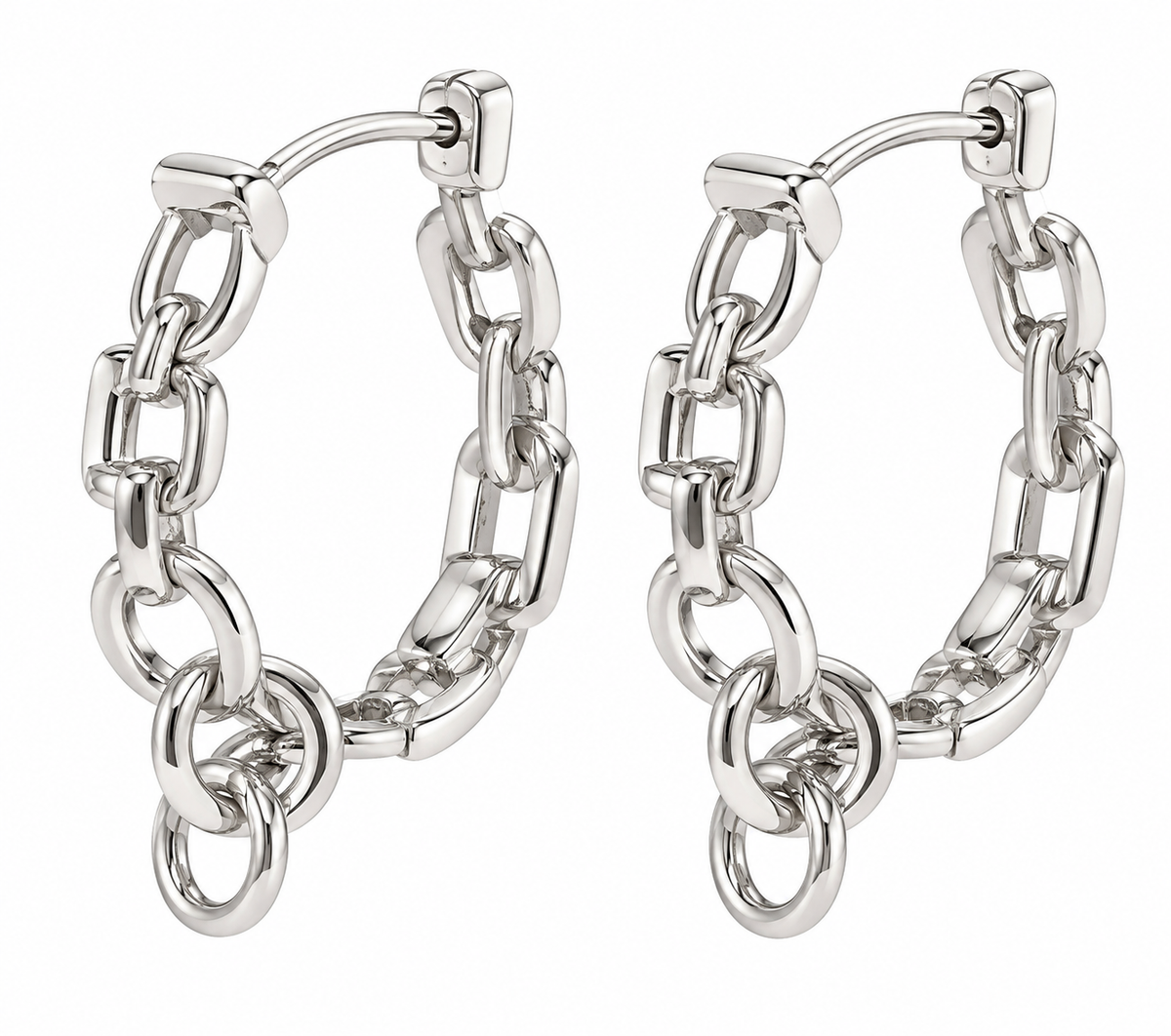 Silver-tone stainless steel chain-link hoop earrings on white background