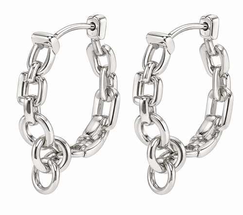 Silver-tone stainless steel chain-link hoop earrings on white background