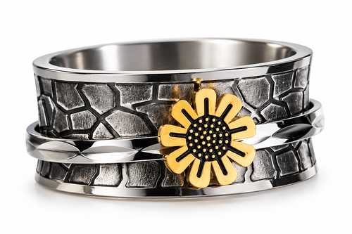 Stainless steel rotating flower fidget ring on white background