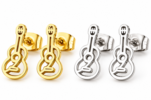 Stainless steel guitar stud earrings in gold plated and silver tone finishes
