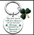 Stainless steel shamrock good luck keyring with green four-leaf clover charm and blessing