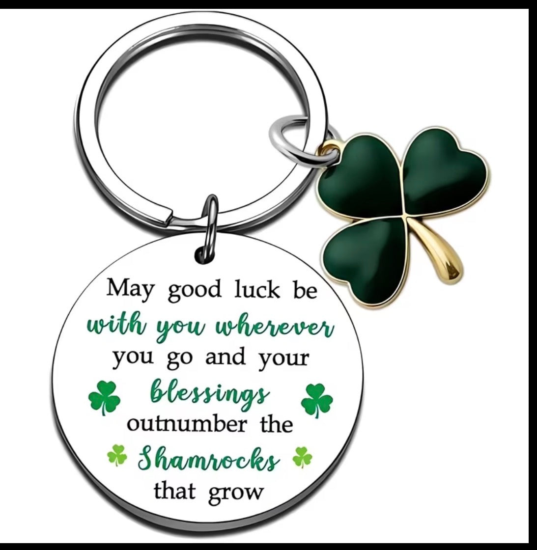 Stainless steel shamrock good luck keyring with green four-leaf clover charm and blessing