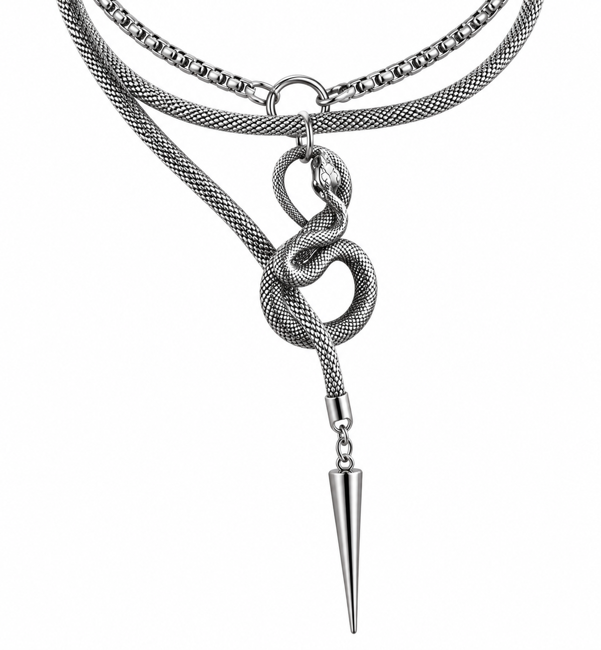 Stainless steel snake necklace with layered chain and pointed drop