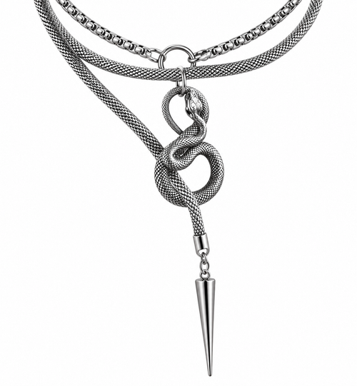Stainless steel snake necklace with layered chain and pointed drop