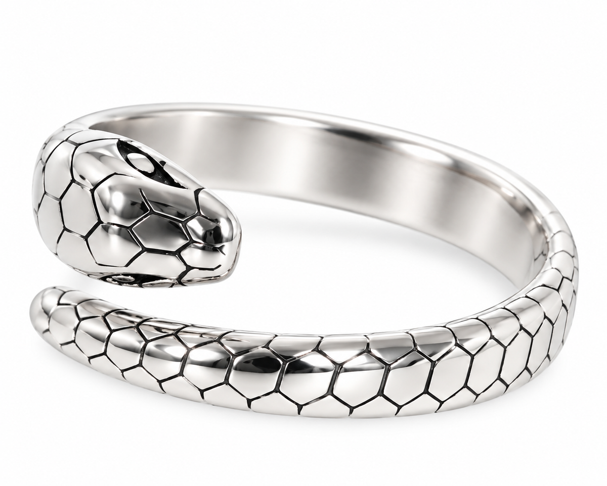 Polished stainless steel snake ring with scale detail