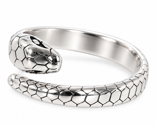 Polished stainless steel snake ring with scale detail