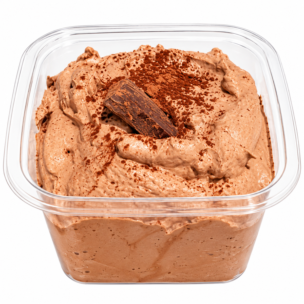 Vegan chocolate mousse topped with chocolate shard and cocoa