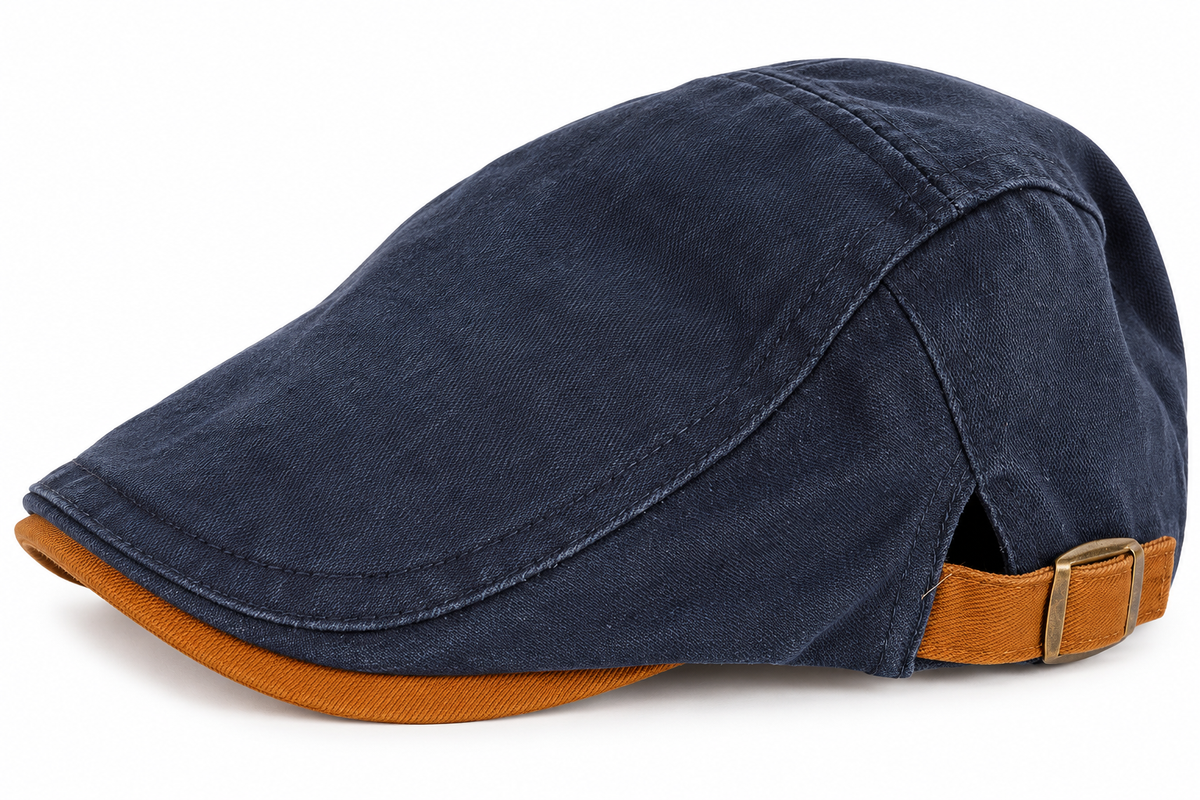 Navy polyester flat cap tan trim adjustable buckle