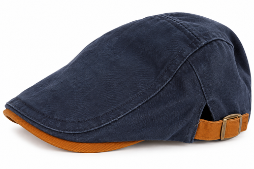 Navy polyester flat cap tan trim adjustable buckle