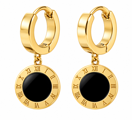 Gold plated Roman numeral black disc drop hoop earrings