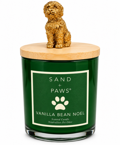 Sand + Paws Vanilla Bean Noel candle 283.5g green glass dog lid