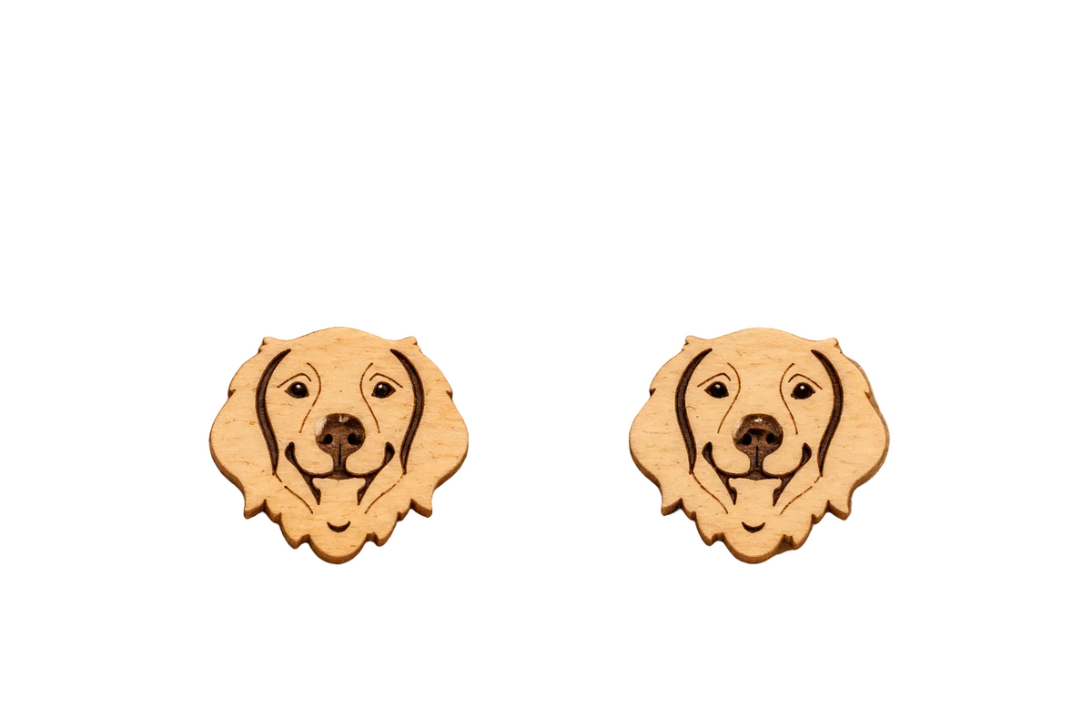 Pair of gold-plated stainless steel Golden Retriever stud earrings measuring approximately 1.5 by 1.2 cm