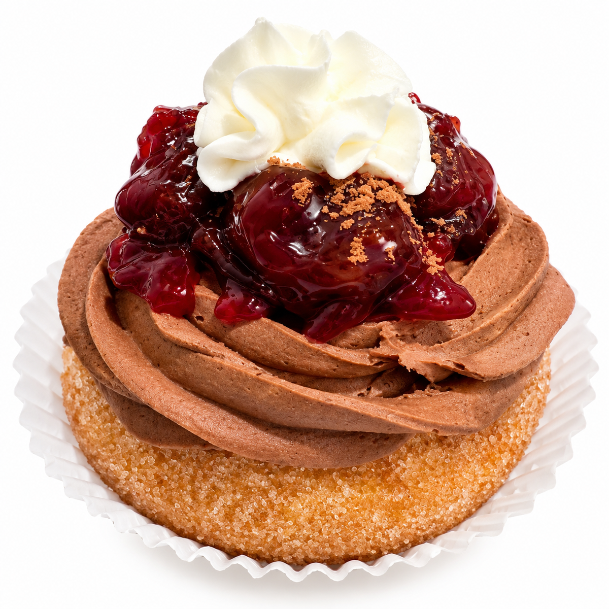 Black Forest doughnut topped with chocolate cherry and vegan cream