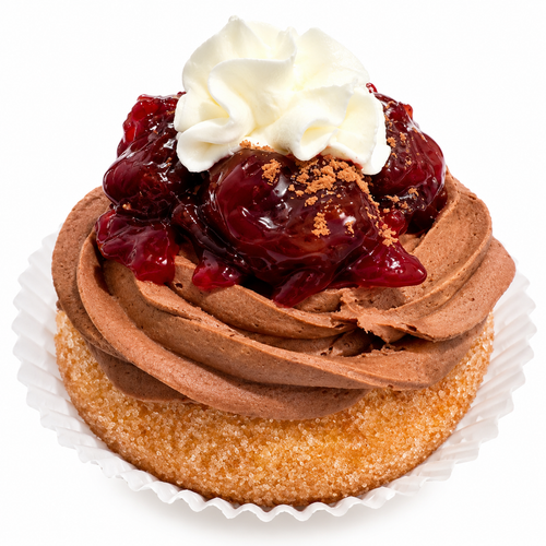 Black Forest doughnut topped with chocolate cherry and vegan cream