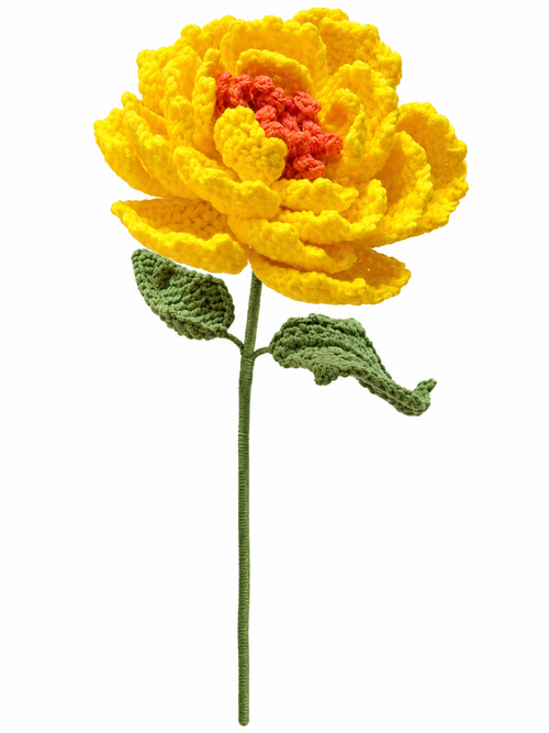 Yellow handmade crochet peony flower on white background