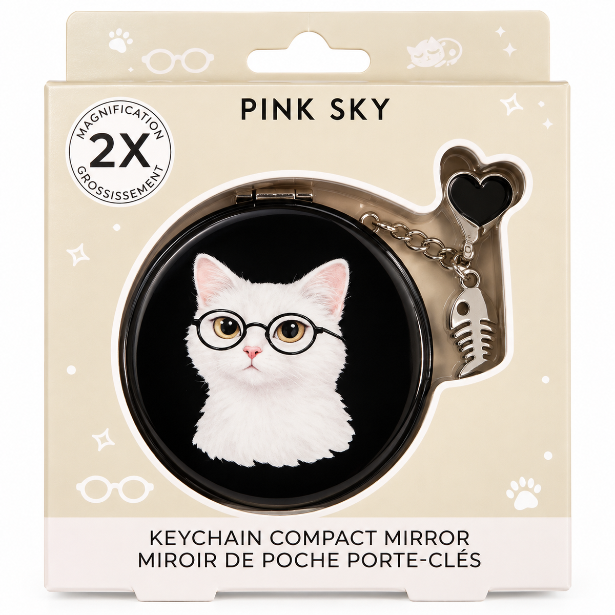 Pink Sky cat keychain compact mirror front packaging