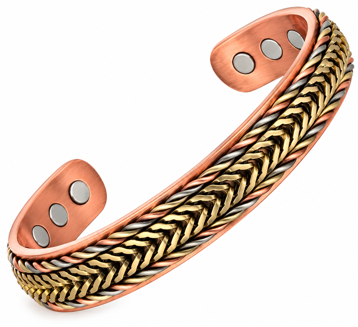 Thick copper magnetic bangle with woven multi-tone detail and magnetic inserts