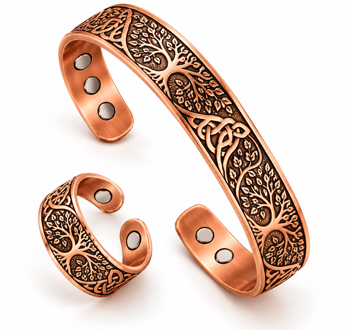 Tree of Life copper open bangle and matching ring set