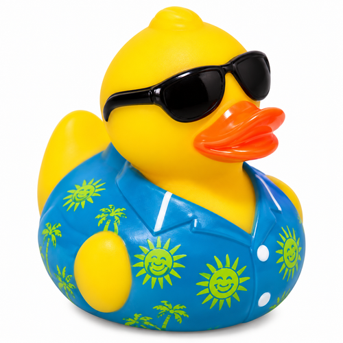 Tropical rubber duck with sunglasses and blue Hawaiian shirt