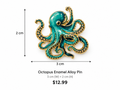 Turquoise octopus enamel alloy pin on white studio background, 3 cm x 2 cm