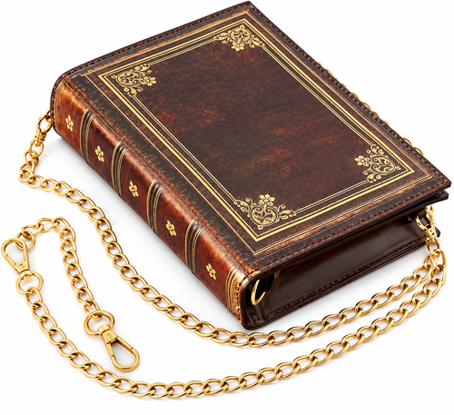 Vintage brown book-shaped handbag with gold chain