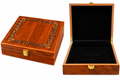 Vintage carved wooden jewellery box shown open and closed on white background