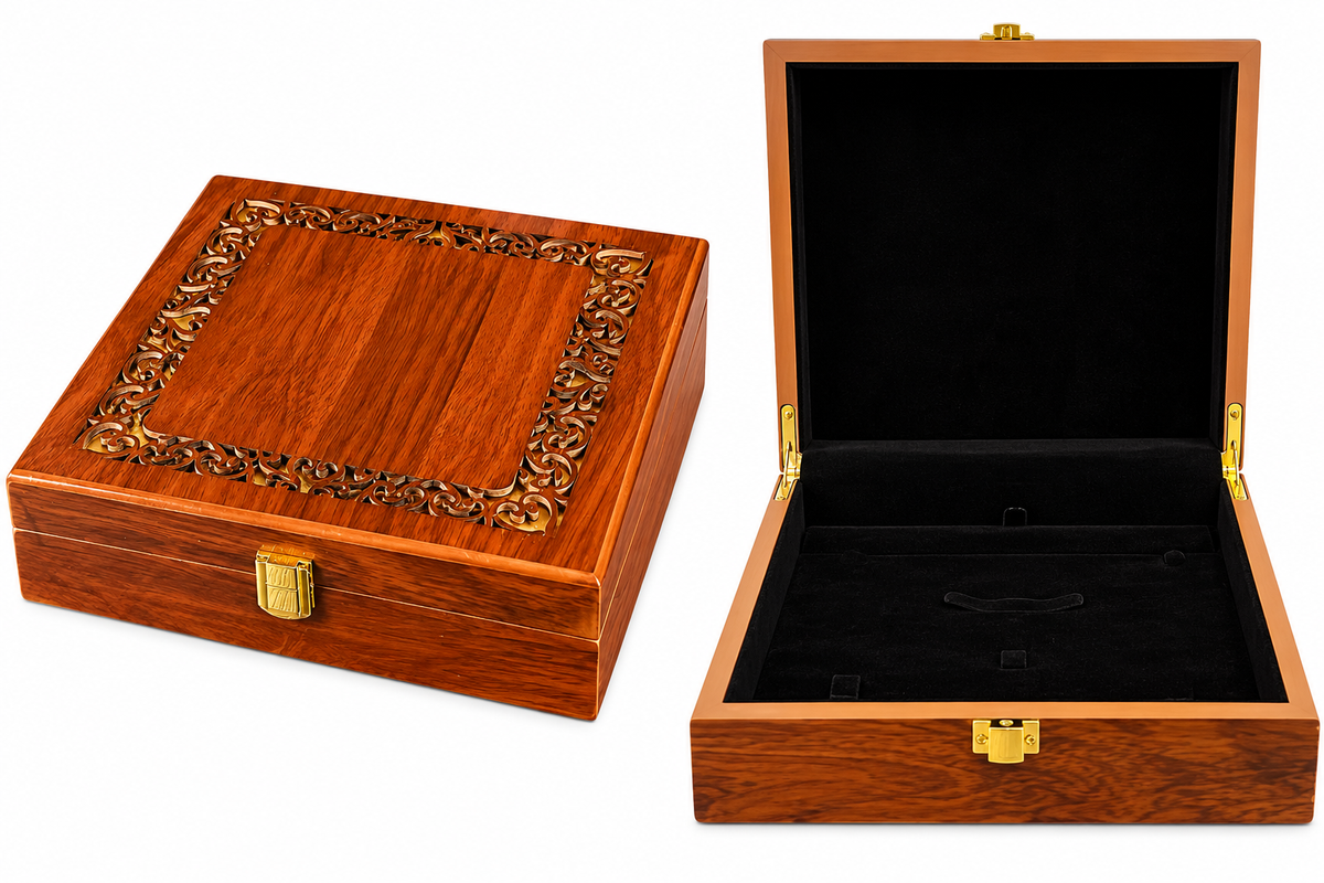 Vintage carved wooden jewellery box shown open and closed on white background