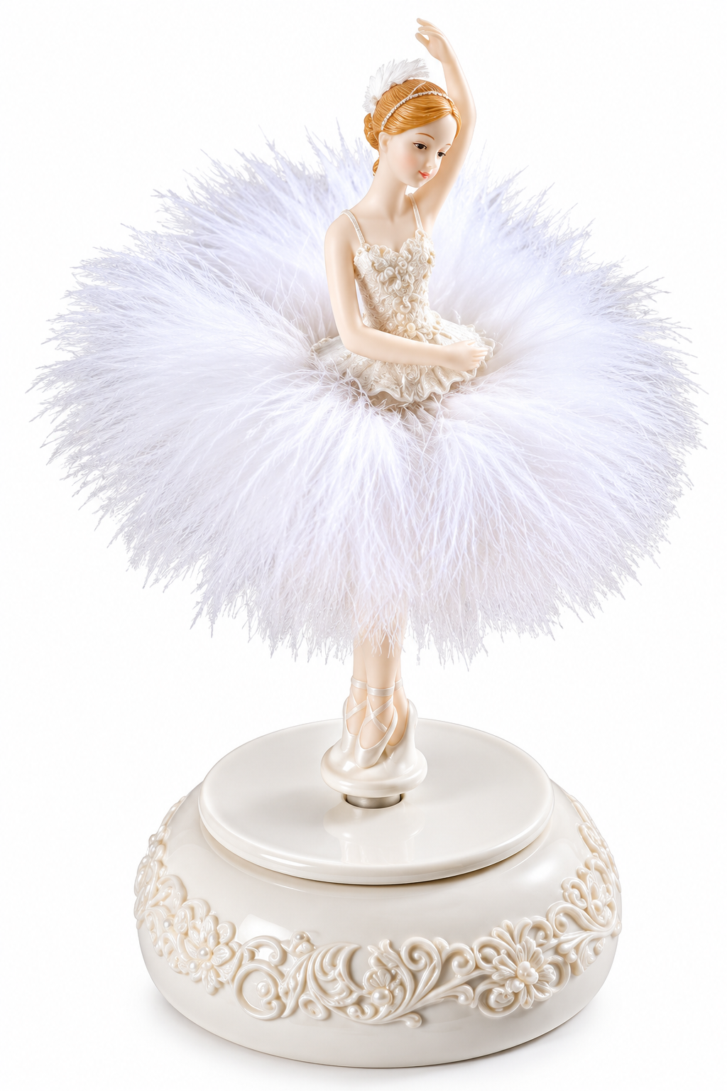 White rotating ballerina music box with feather tutu and ornate base