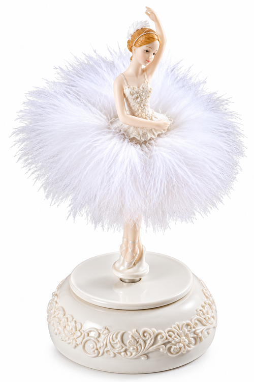 White rotating ballerina music box with feather tutu and ornate base