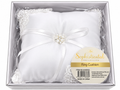 White satin wedding ring cushion with lace and pearl detailing