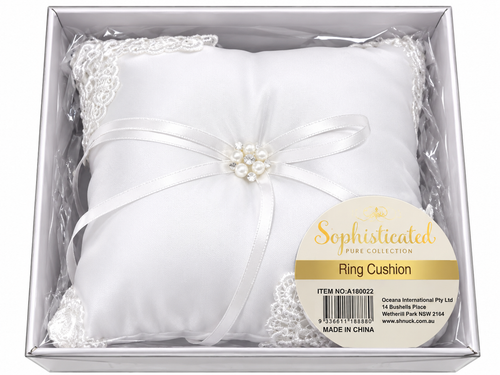 White satin wedding ring cushion with lace and pearl detailing