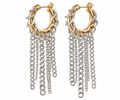 Gold-tone hoop earrings with long silver-tone chain fringes on white background