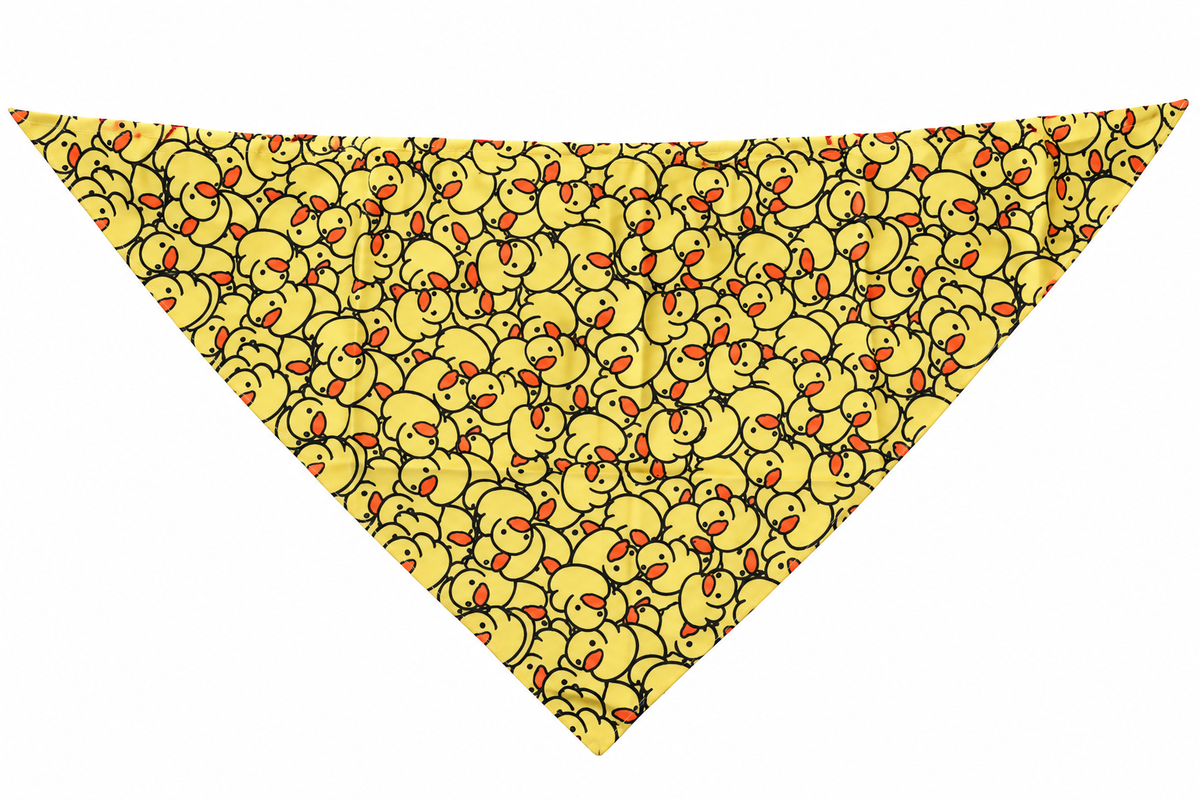 Yellow cartoon duck triangular polyester pet bandana on white background