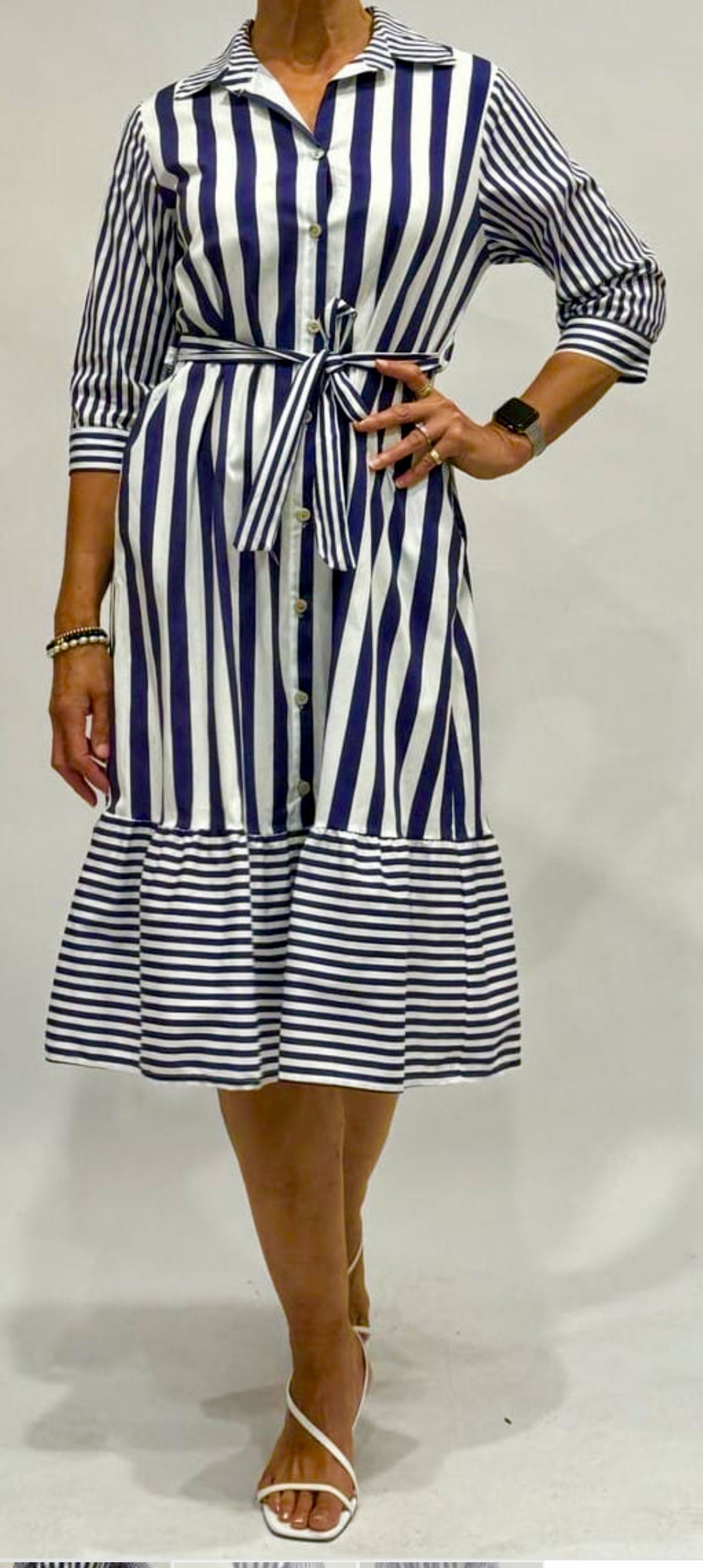 Blue and white striped cotton dress