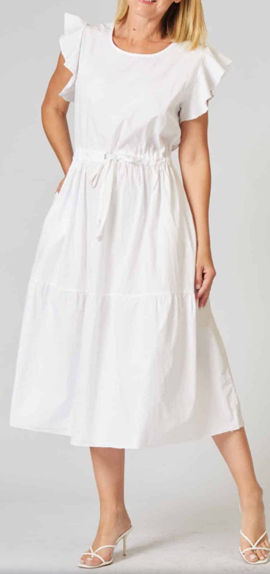 Cotton frill sleeve tied waist dress