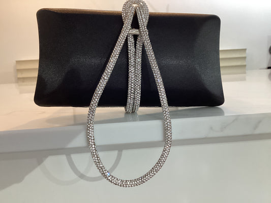 Black satin clutch handbag with Diamonte handle